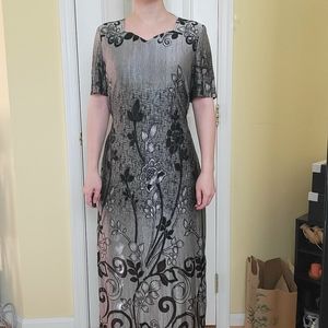 Grey & Silver Maxi Dress Sweetheart Neck w/ Floral Print Side Slits Mesh Cutout